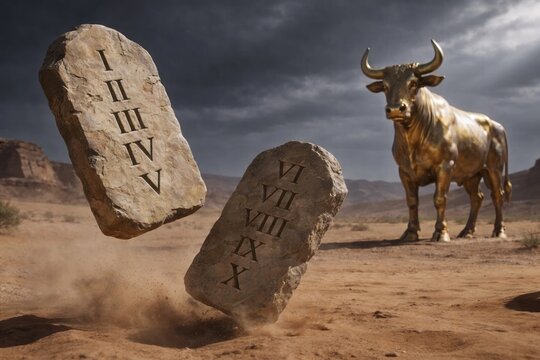 Biblical scene of Ten Commandments stone tablets falling on desert ground with Golden Calf in background, concept of idolatry, sin and Exodus history.