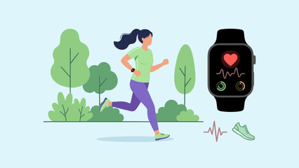 Woman jogging in park. Smart watch tracking pulse. Fitness health concept. Active female runner. Wearable technology. Heart rate monitor. Cardio workout. Sport training. Flat vector design.