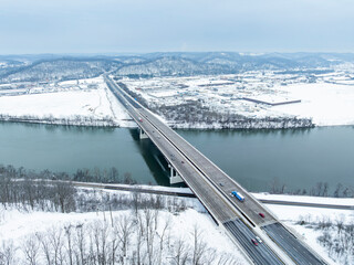Donald M. Legg and Nitro WWI Memorial Bridge - Snowy Winter Landscape + Kanawha River - West Virginia