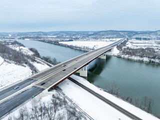 Donald M. Legg and Nitro WWI Memorial Bridge - Snowy Winter Landscape + Kanawha River - West Virginia