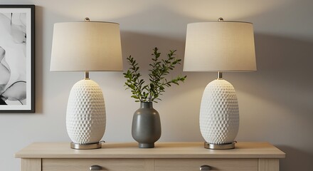 Two white textured table lamps with beige shades and a gray vase with green plant on a wooden