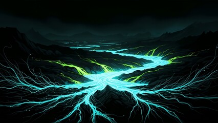 Mystical Dark Landscape with Glowing Blue and Green River