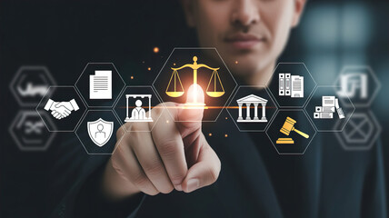 A man in a suit interacts with a digital interface of legal icons and symbols.
