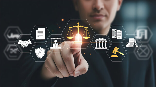 A man in a suit interacts with a digital interface of legal icons and symbols. - Powered by Adobe