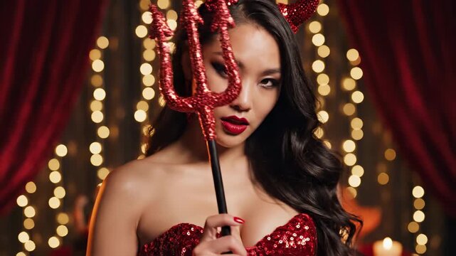 Asian woman in a devil costume, posing elegantly, holding a trident with sparkling lights, in a festive Halloween display