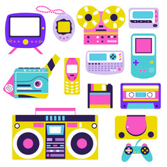Retro 90s Technology Gadget Collection Flat Vector Illustration on White Background. Nostalgic Vintage Electronics Set