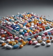 Tabletop display of assorted medicines and capsules,  packaging,  pharmacy,  pharmaceutical packaging