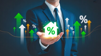 A businessman in a blue suit holding a house with a percentage sign, surrounded by increasing percentage arrows.