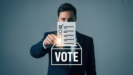 A man in a suit casting his vote by inserting a ballot into a box with the word VOTE on it.