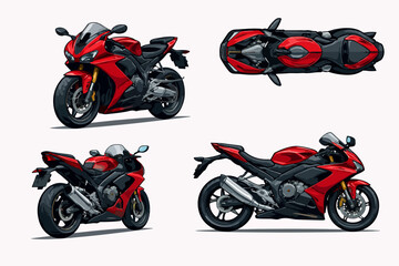 Red Sport Motorcycle Multi Angle Vector Set