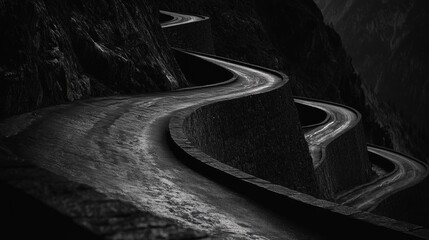 Misty mountain road curves through the landscape.