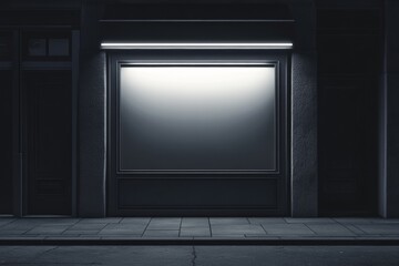 Bare store window with glowing strip light on sidewalk.