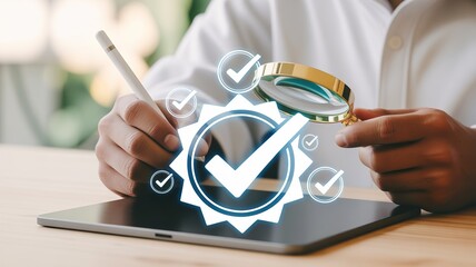 A person verifying information on a tablet with a magnifying glass and checklist icons