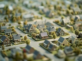 Miniature residential neighborhood on tabletop.