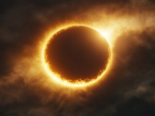 A dramatic and surreal image of a fiery solar eclipse set against a tumultuous sky with dark clouds and swirling flames, evoking the apocalypse or an otherworldly scene.