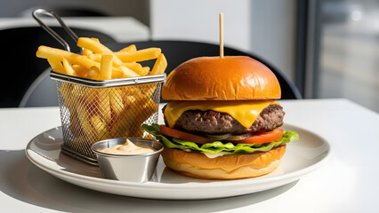 A classic cheeseburger with a thick patty and fresh vegetables is beautifully presented next to a metal basket filled with golden french fries and dipping sauce.