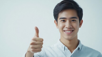 A young man with a beard and black hair smiling and holding his thumb up.