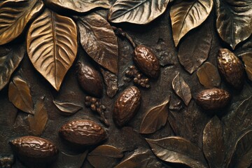 A close-up of a decorative artwork featuring leaves and nuts with intricate details.
