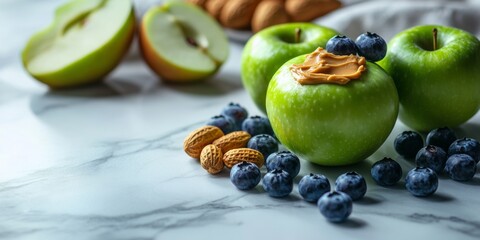 Three green apples with peanut butter in the middle. There are also blueberries on the table. The apples are on a marble counter
