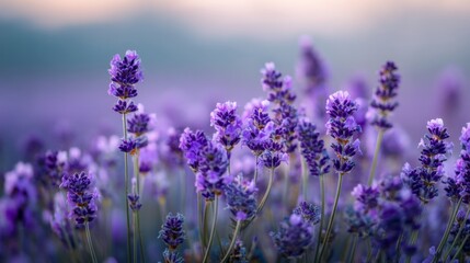 Fototapeta premium Close-Up View of Beautiful Lavender Flowers Blooming in a Scenic Field During Golden Hour with Soft Bokeh Background and Vibrant Purple Hues