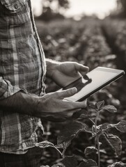 A farm worker is using a tablet computer while standing on the edge of a cultivated field at sunset.