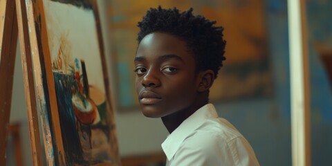 A young person with short hair stands introspectively amidst a collection of artworks.