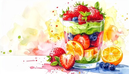 春フルーツと抹茶パフェの水彩画