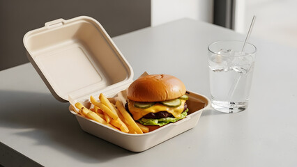 A delicious cheeseburger and crispy french fries in an eco-friendly takeaway container are placed next to a glass of water on a gray table.