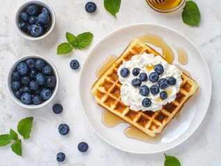 A mouthwatering plate of Belgian waffles topped with fresh blueberries and a drizzle of maple syrup. The ideal breakfast or brunch dish, perfect for those who love sweet treats.
