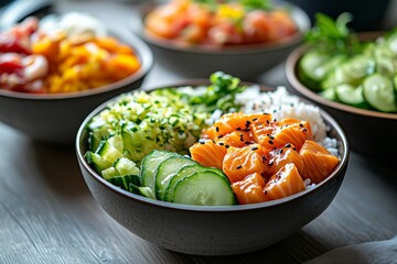 Close-up of various Asian dishes with seafood.