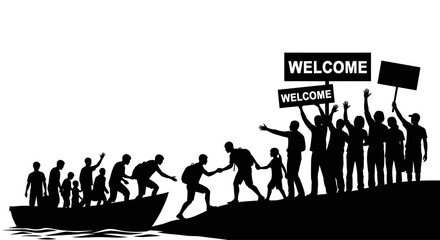 Refugees Welcomed by People on Shore Silhouette.