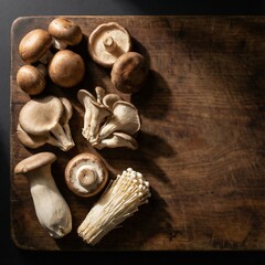 Top Down View Of Various Raw Mushrooms On Rustic Wooden Board