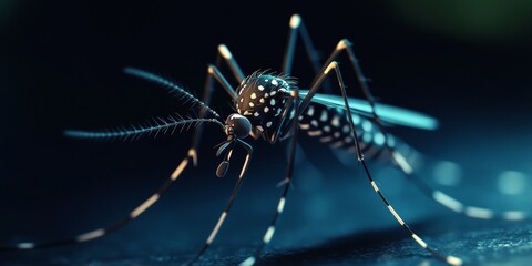 A detailed shot of a mosquito on a dark background, highlighting its features with a cool blue light effect.