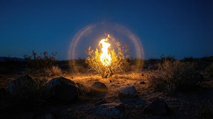 Burning bush in the desert at night, concept of a biblical miracle from Moses seeing the burning bush. Religious event illustration.