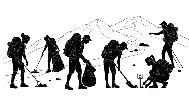 Hikers Cleaning Up Mountain Trail.