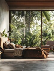 Bright bedroom featuring a large window that overlooks a lush garden.