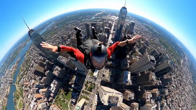 A daring skydiver free-falls above a vibrant city skyline.
