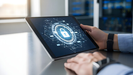 A person's hands are holding a tablet displaying a glowing blue padlock icon, symbolizing digital security and data protection.