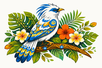 Bali Mynah Bird Illustration with Tropical Floral Pattern