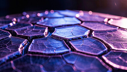 A close-up view of cracked and broken purple tiles on a dark background