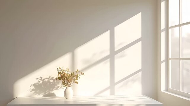 窓からの柔らかな自然光がミニマルなデスク表面に影を落とし、ゆっくりと移動する映像です。
色味は白や淡いグレー、ベージュなどのニュートラルカラーで構成されています。
抽象的で落ち着いた雰囲気が、集中力や自己成長のイメージを演出します。