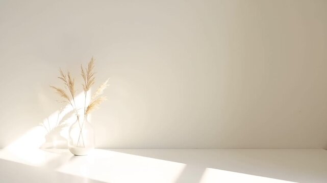 窓から差し込む自然光が白い壁の上をゆっくりと移動するミニマルな映像です。
色味は白と淡いベージュを基調とし、影と光の変化のみで構成されています。