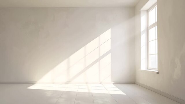 窓から差し込む自然光が白い壁の上をゆっくりと移動するミニマルな映像です。
色味は白と淡いベージュを基調とし、影と光の変化のみで構成されています。