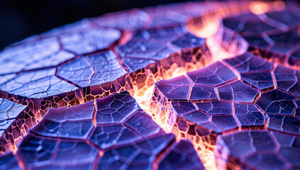 A close-up view of a cracked surface with vibrant purple and orange hues glowing through the fissures