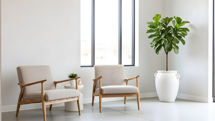 A bright, minimalist modern living room features two light-colored armchairs with wooden frames and a large potted fiddle leaf fig plant.