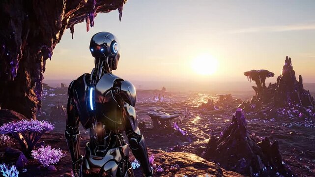A futuristic robot gazes at a vibrant sunset over an alien landscape.