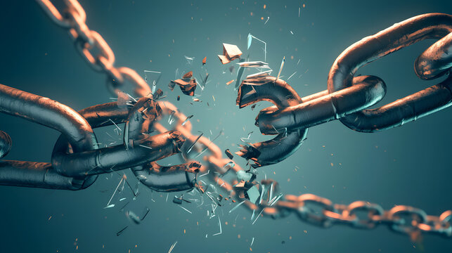 激しく千切れる金属の鎖と飛び散る破片　自由と解放の劇的な3Dイラスト　限界突破と革命