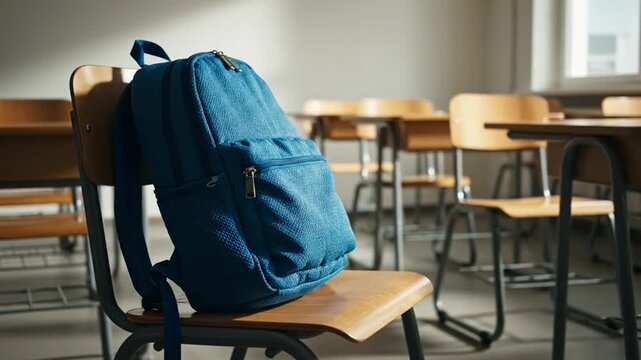 A blue backpack rests on a chair in an empty classroom.