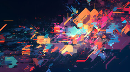 抽象的なデジタルグリッチアートと歪んだ幾何学的形状の背景　カラフルなテクノロジーとデータ破損のコンセプト