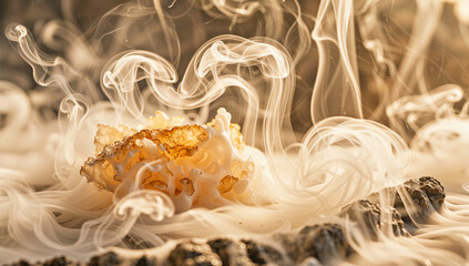 A close-up view of smoke rising from burning incense on a textured surface